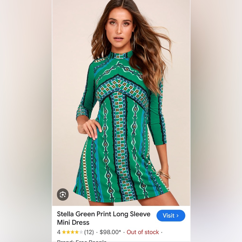 NWT Stella Green Print Long Sleeve Mini Dress